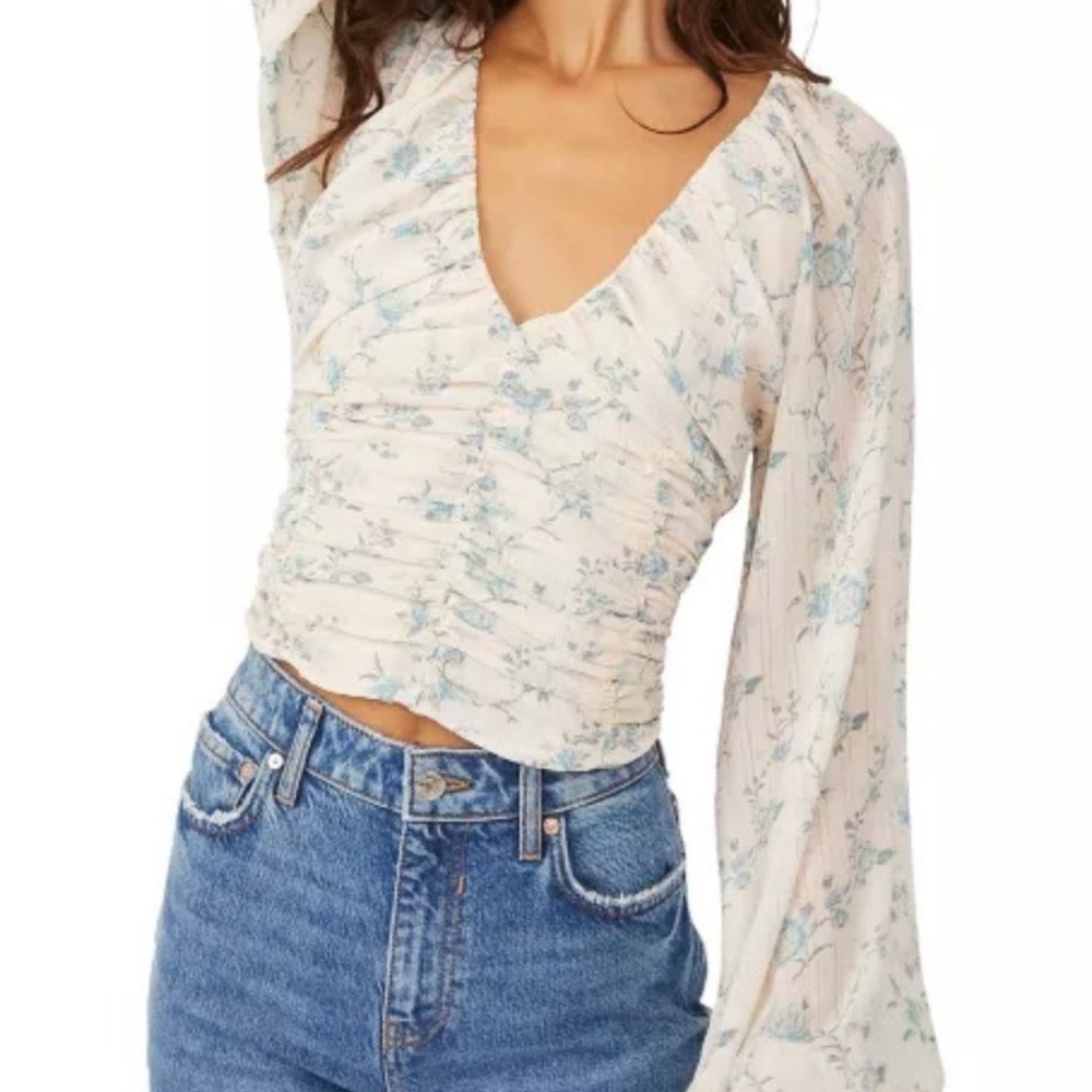 Free People Cream and Blue Floral Top - Picture 3 of 3